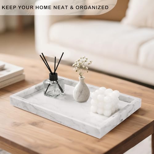 Marble Bathroom Tray for Countertop & Home Decor, Natural Decorative Marble Tray for Jewelry & Perfume Organizer, Luxury Stone Vanity Trays for Dresser, Kitchen Counter, 12" x 8", White