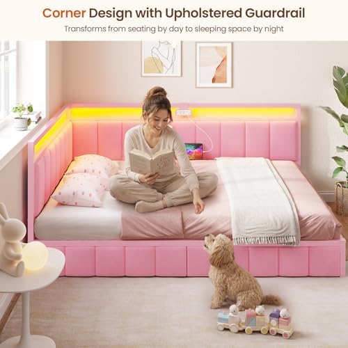 DICTAC Full Corner Bed Frame with 2 Storage Drawers and Charging Station Full Size Velvet Platform Bed Frame for Girls with Led Lights and Upholstered Guardrail,Full Size Daybed for Teen &Adult,Pink