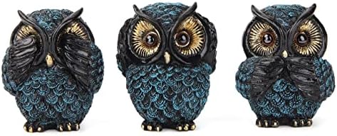 3 Wise Owl Statues Set for Bird Lovers Sapphire Blue Shelf Decor