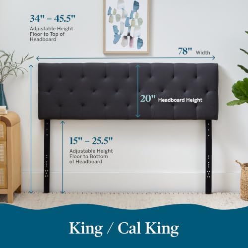 LUCID Mid-Rise Upholstered Headboard, Tufted, Charcoal, King/Cal King Size