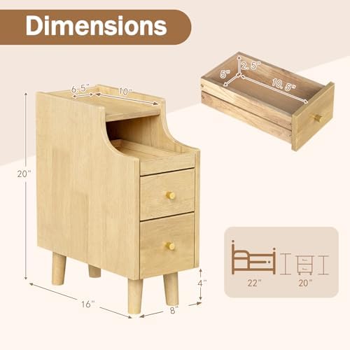 KOMFOTT Narrow Nightstand with Drawers, Solid Wood Bedside Table with Pull-Out Tray & 2 Storage Drawers, Slim Sofa End Table with Cable Management for Small Spaces, Bedroom (Natural,8" x 16" x 20",2)