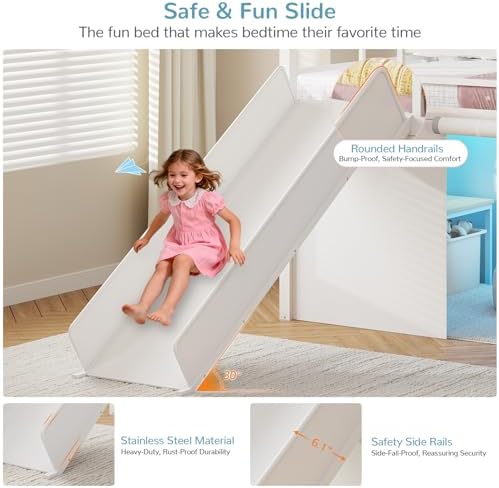Twin Low Loft Bed with Slide and Safety Staircase, 2 Storage Drawers, Kids Twin Size Loft Bed with LED Lights, Under-Bed Play Tent, Built-in Desk, Metal Loft Bed with Safety Guardrail, White