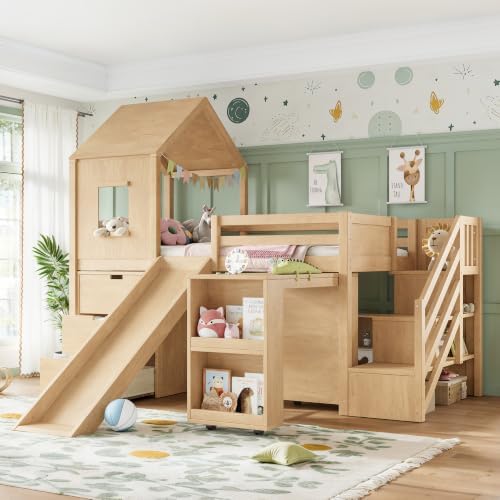 Twin Size Playhouse Low Loft Bed with Slide Storage Drawers Stair Shelves Pull Out Desk (Natural, Twin)