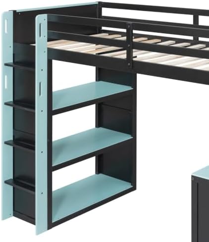 LUMISOL Twin Gaming Loft Bed with Desk and Storage Shelves, Solid Wood Loft Bed with Drawers and Computer Desk for Teens, Space Saving High Loft Bed Frame for Kids Bedroom Blue