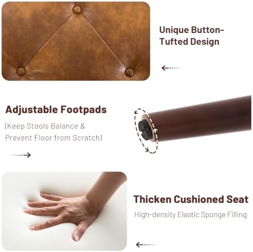 Furniliving 44 Inch Tufted Leather Bench, Leather Footrest Stool Bedroom Bench Seat, Upholstered Tufted Beathable Fabrics Ottoman Bench with X-Shaped Wood Legs for Kitchen, Solid Wood Indoor Bench