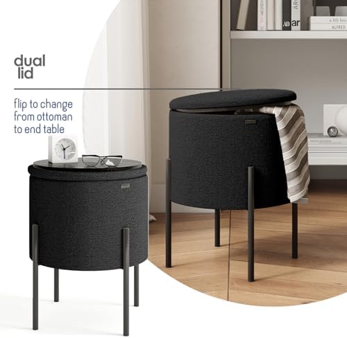 Round Ottoman with Storage, Boucle Storage Foot Stool, Makeup Vanity Stool, Small Ottoman Foot Rest, Modern Ottomans for Living Room and Bedroom, Black