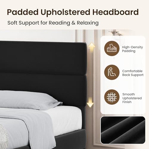GRUSIGN Full Size Platform Bed Frame with Velvet Headboard, Adjustable Height Wooden Slats Support, Upholstered Mattress Foundation, Fits Mattress or Mattress with Box Spring, Easy Assembly, Black