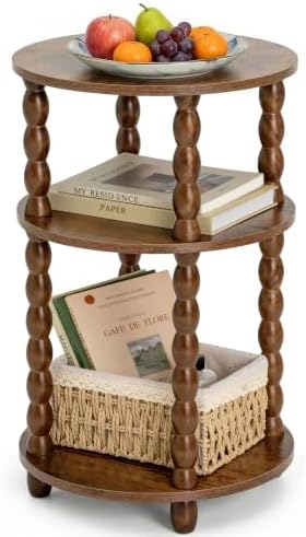 3-Tier Round Side Table, Small End Table with Solid Wood Spindle Legs Brown