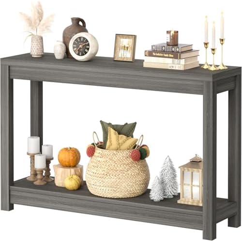 Besiost 47" Farmhouse Wood Entryway Table Narrow Console Table with Storage Behind Couch Sofa Table with Shelves Entry Way Table with Open Storage, Easy Assembly, Grey Walnut