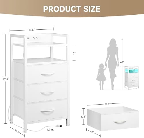 Lazzanto Nightstand with Rear Charging Station, LED Light, 3 Drawers, White
