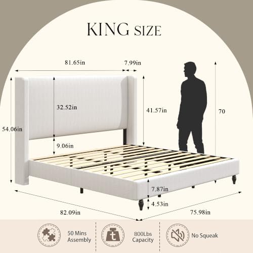 King 54" Tall Headboard Wingback Upholstered Platform Bed Frame Upholstered Bed Frames with Black Wooden Legs No Box Spring Needed Sturdy Metal Frame with Wooden Slats Easy Assembly Beige