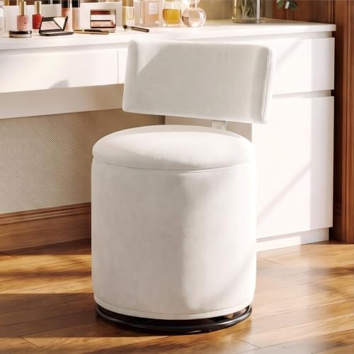 Swivel Vanity Chair with Storage, Velvet Makeup Stool with Higher Back for Living Room, Bedroom, Dressing, White