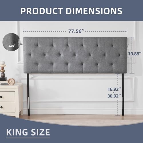 Linen Headboard King Size, Adjustable Height Headboard 37-51 in, Light Gray