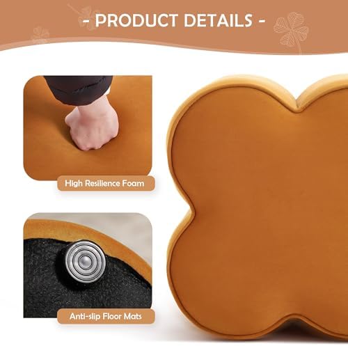 Orange Velvet Ottoman Set of 2, Small Vanity Stool, Flower Footstool
