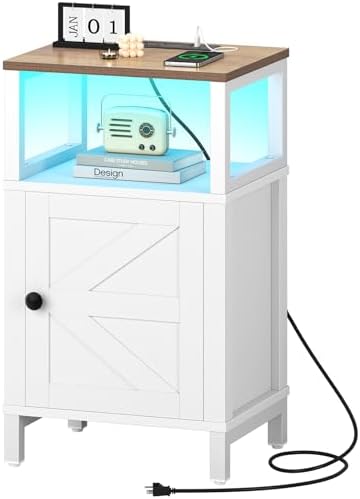 Yoobure Farmhouse Nightstand with Charging Station, Night Stand Barn Door