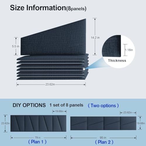 Peel and Stick Headboard Panels for Bed，Soft Padded Fabric Noise-Reducing Panels with Modern Stylish Design for Bedroom Decor (Dark Blue, King)