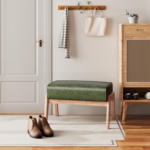 Modern Ottoman Foot Stool, Faux Leather Accent Sofa Footrest with Walnut Rubber Wood Frame, Ottoman Bench for Living Room Entryway Bedroom Sofa Seat, Hunter Green