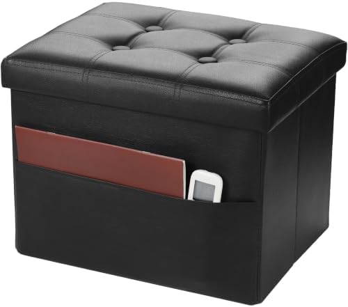 Bsketa Storage Ottoman Bench,17 Inch Folding Leather Foot Rest Stool, Black