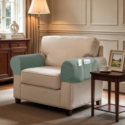 SUBRTEX Stretch Armrest Covers with Storage, Anti-Slip Spandex Arm Covers for Chairs Couch Sofa Armchair Slipcovers for Recliner Sofa with Hook and Loop Tape (Olive Green, 2pc)