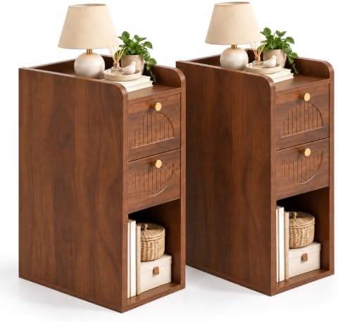 Narrow Nightstand Set of 2, Bedside Table with 2 Drawers, Walnut