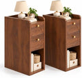 Narrow Nightstand Set of 2, Bedside Table with 2 Drawers, Walnut