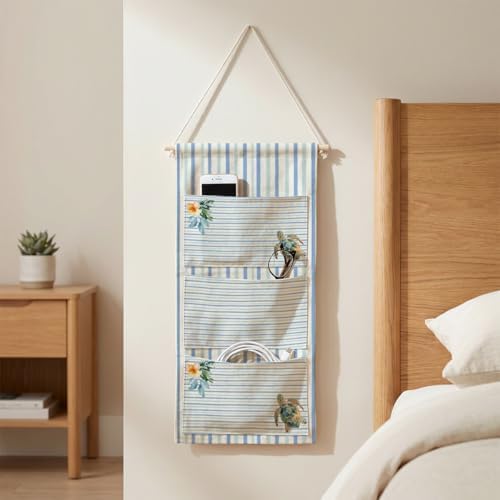 IAXIC Canvas Wall Hanging Organizer with Pockets Fish Extender Hanging Pouch Sea Turtle Stripe Door Closet Organizers Fabric Storage Pockets Wall Decoration