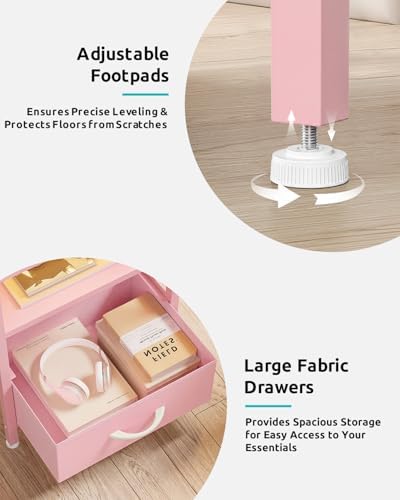 Lazzanto Nightstand with Rear Charging Station, LED Light, 2 Drawers, Pink