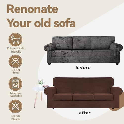 WEERRW 4 Pieces Couch Cover for Sofa Velvet Sofa Covers Washable, Chocolate