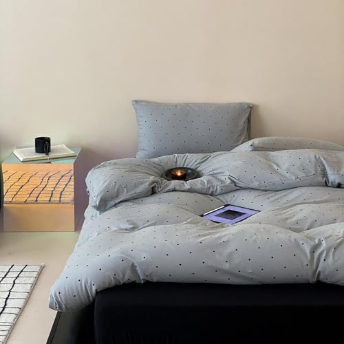 Polka Dot King Duvet Cover, 3 Piece 100% Cotton Jersey Knit Light Grey Comforter Cover, Soft Breathable Modern Aesthetic Bedding Set with Zipper & Corner Ties