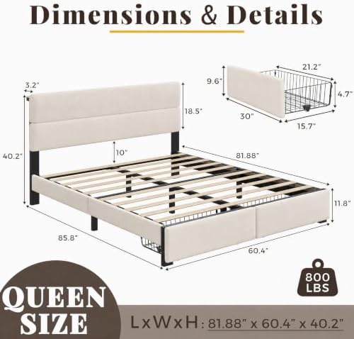 Queen Bed Frame with 2 Storage Drawers, Light Beige Velvet Upholstered