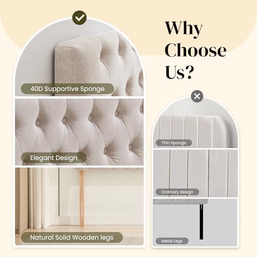 Kingfun Headboards for King Size Bed in Modern Button Design, Premium Linen Fabric Upholstered Tufted Bed Headboard, Adjustable Solid Wood Head Board, Beige