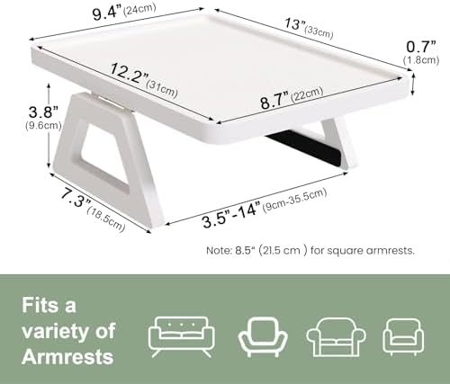 Couch Arm Tray,Bamboo Folding Sofa Tray,Sofa Armrest Trays Clip-On Couch Desk for Drinks,Snacks,Phone,Remote Control（White）
