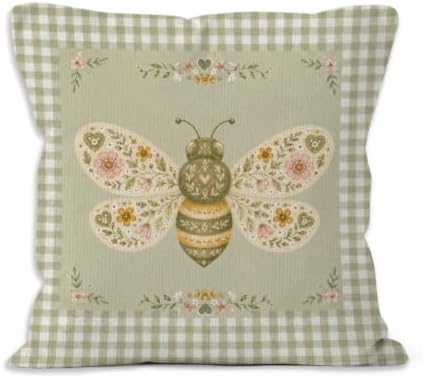 Farmhouse Green Gingham Bee Floral Nursery Throw Pillow Cover 18x18