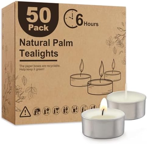 Ashlux 50-Pack Unscented Palm Wax Tea Lights Candles,6 Hours Burn