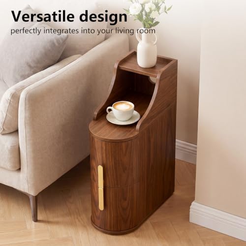 Narrow Nightstand, Wooden 2 Drawer Thin Cylinder Bedside Table with Cable Management Hole, Mid Century Modern Skinny End Table for Bedroom Living Room Small Spaces, Walnut Finish, 1 Piece