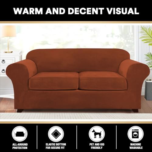 PrinceDeco Couch Cover Velvet Plush Sofa Covers for 2 Cushion Couch Width Up to 90 Inch Washable Furniture Protector Pet Friendly No Slip Sofa Slipcover(Medium-Large, Rust)