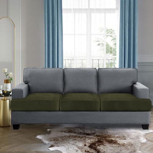 H.VERSAILTEX Stretch Velvet 3 Piece T Cushion Sofa Slipcovers for Living Room Individually Sofa Covers for 3 Cushion Seat Cushion Covers (Sofa, Olive)