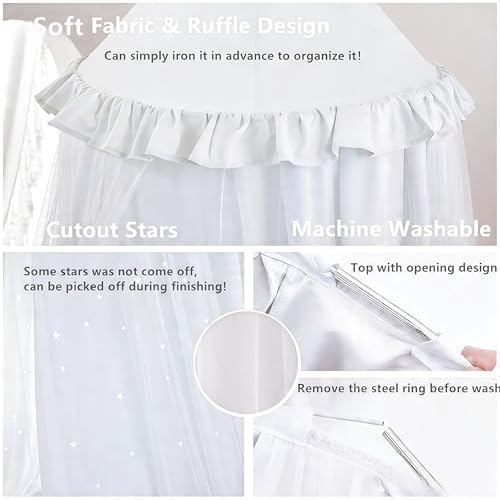 Princess Bed Canopy for Girls, Double Layer Canopy Fits Twin/Full Bed - Fairy Bed Tent for Kids Room Decor(with Cutout Stars,White)
