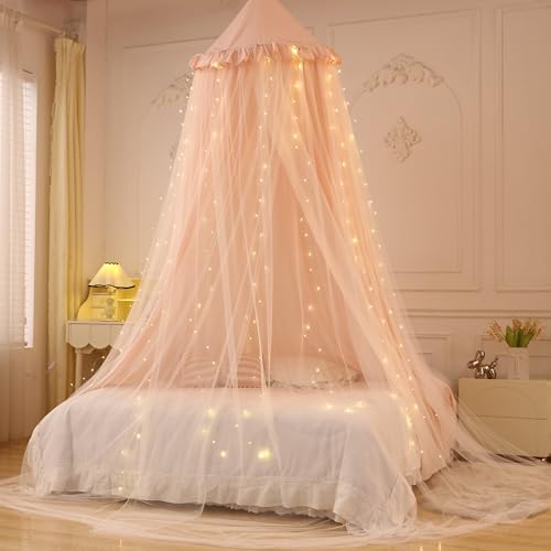 Princess Bed Canopy for Girls, Double Layer Canopy Fits Twin/Full Bed - Fairy Bed Tent for Kids Room Decor(with 250pcs Warm White Curtain Lights,Pink)