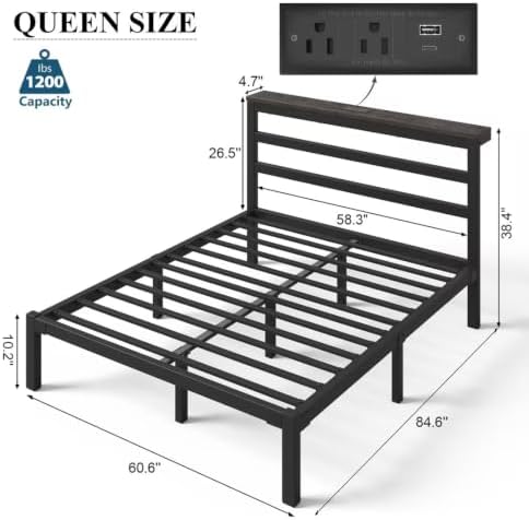 Queen Bed Frame with Charging Station and LED Lights Headboard, Black
