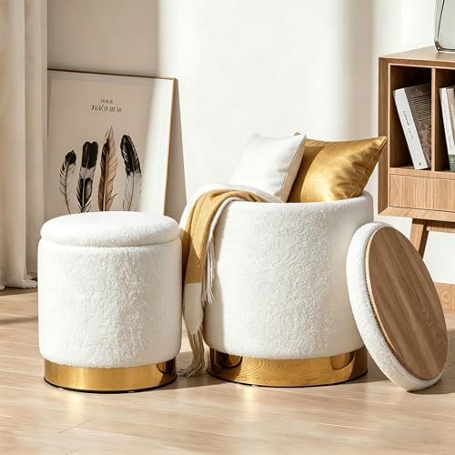 Round Ottoman with Storage, White Teddy, Set of 2