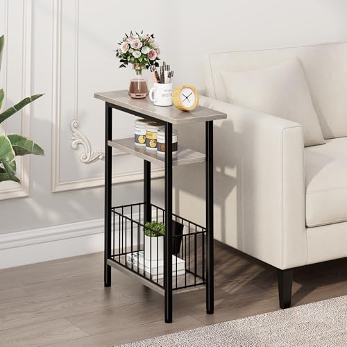 Vagusicc Narrow Side Table, Skinny Side Table for Couch, 3-Tier Small End Table for Small Spaces, Bed Side Tables with Storage, 25.2" Tall Slim Nightstand Bedside table for Living Room Bedroom, Greige