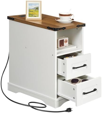 HOOBRO Narrow End Table with Drawers, Farmhouse Nightstand with Charging Station, 3 Storage Shelves on the Back, Slim Bedside Table for Living Room, Bedroom, Small Space, White and Walnut WH362UBZ01