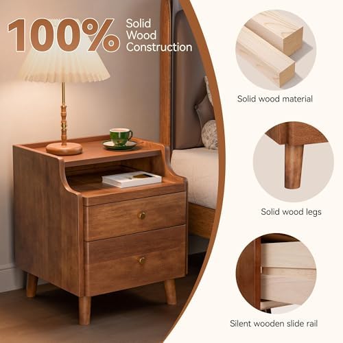 Nightstand with Drawers, Pre-Assembled, 19.7" H Natural Solid Wood Night Stand with Open Sliding Shelf, Mid Century Modern Small Bedside Table Cabinet for Bedroom, Walnut, 16"