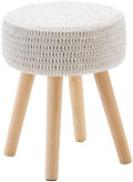 13" Round Handmade Cotton Knitted Boho Small Ottoman with Non-Skid Wood Leg