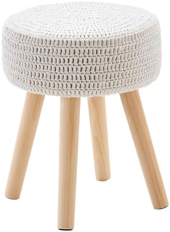 13" Round Handmade Cotton Knitted Boho Small Ottoman with Non-Skid Wood Leg