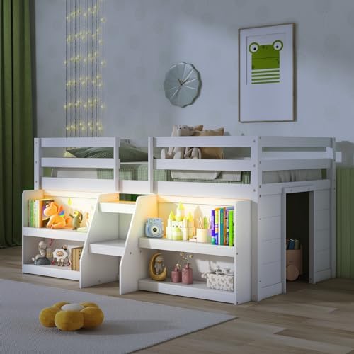 GIANTEX Twin Loft Bed with LED Lights, Wooden Loft Bed Twin Size with Stairs & Safety Guardrail, Low Loft Bed for Kids with Storage Bookcase and Under-Bed Play Space, White