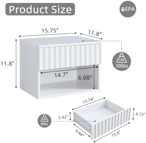 BuildHom Floating Nightstand Set of 2 with Fluted Drawer, Bedside Table
