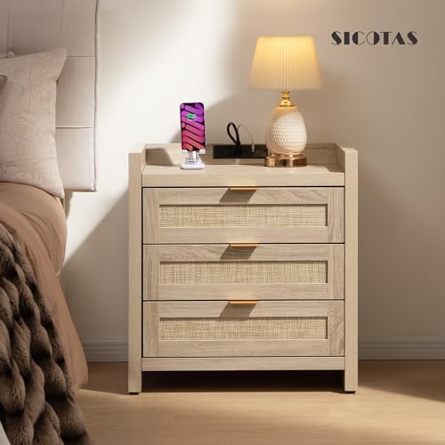 SICOTAS Rattan Nightstands Set of 2, Tall Bedside Table with 3 Drawers