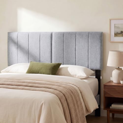 KOMFOTT Linen Upholstered Headboard for Full & Queen Size Bed, Vertical Channel Tufted Rectangular Headboard with Solid Wood Legs & Adjustable Width, Padded Bed Backboard, Easy Assembly (Gray)